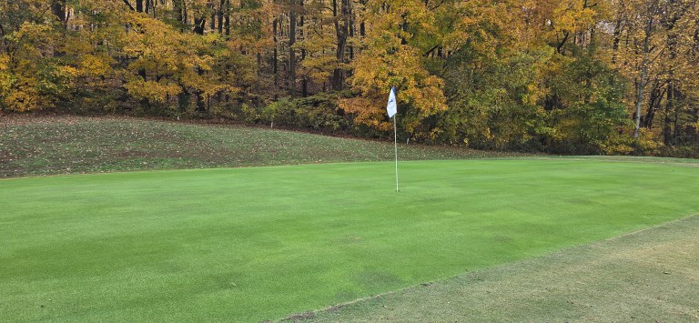 Flag on golf course in autumn